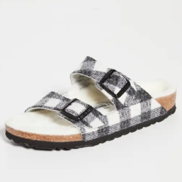 Birkenstock Arizona Shearling White And Black Plaid  Sandals Size 44 - Picture 3 of 4